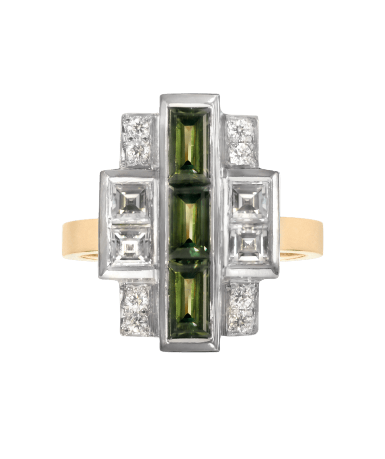 Rectangular Modern Art Deco Green Sapphire and Diamond