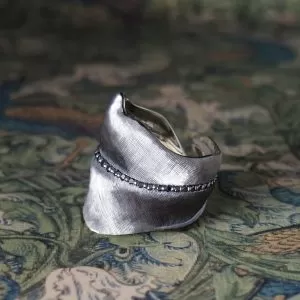 Raven - Oxidized STG Leaf Ring with 0.52ct TDW Black Diamonds and Engraving detail