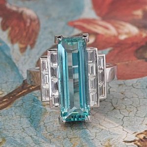 Greta - PLT 5.20ct Aquamarine Baguette Art Deco Style Multistone Ring with .80ct TDW Baguettes Size P 1/2