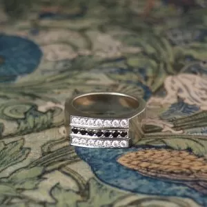 Bunty - 9WG .60ct TDW White & Black Diamonds Grain Set in PLT Top Plate Signet Ring
