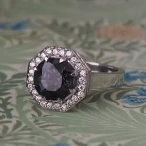 Nyx - PLT 3.08ct Blue Grey Round Spinel Cluster Ring with .48ct TDW D-F VS Grain Set Diamonds