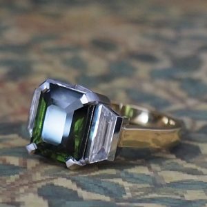 Cybele - 18YG & PLT 5.84ct Green Emerald Cut Zircon Three Stone Ring with .58ct D-F VS Trapezoid Diamonds Size P
