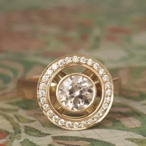 Theia - 9RG 1.68ct Peach Harts Range Round Zircon Rub Set Cluster Ring with .23ct TDW Diamond Halo