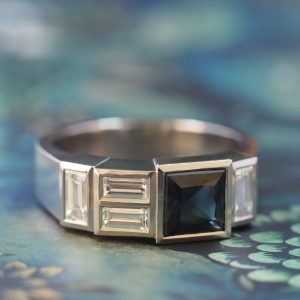 Gaia - PLT 1.70ct Teal Green Princess Sapphire Asymmetric Multistone Ring with .68ct TDW D-G VS Baguettes