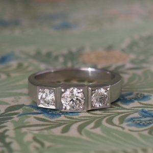 Treetop - 18WG .43ct F VS2 Brilliant Three Stone Ring with .46ct TDW D-F VS Box Grain Set Side Size P 1/2