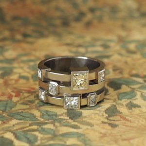 Buttercup - PLT .71ct Fancy yellow Princess Diamond with 1.36ct TDW D-F VS Diamonds Multi Stone Ring Size T 1/2