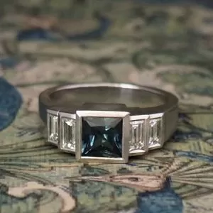 Calliope - PLT 1.55ct Teal Princess Cut Sapphire Rub Set Multi Stone Ring with .72ct TDW F-G Si Double Stepped side Baguettes