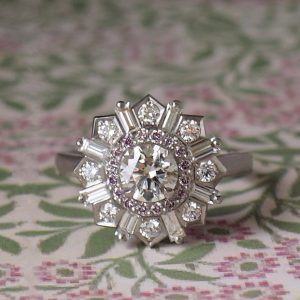 Dahlia - PLT .61ct F SI2 Cluster Ring with .64ct TDW Round and Baguette details & .15ct Pink Diamond Frame Size N 1/2