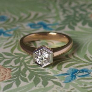 Cosmos - 9RG & PLT .45ct G Si2 Grain Set Solitaire Ring with Hexagonal Top Plate with .08ct TDW Bezel Border Size L