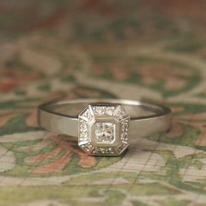 Begonia - 18WG & 9WG .14ct F-H SI Radiant Rub Set Cluster Ring with .056ct TDW Clipped Corner Frame Size N 1/2