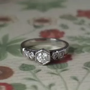 Hyacinth - PLT .33ct F Si1 Brilliant Hex Box Grain Set Multi Stone Ring with .08ct TDW with Milgrain Detail Size N 1/2