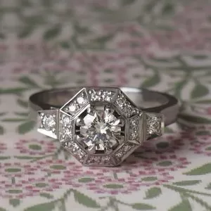 Magnolia - PLT .50ct F Si2 Diamond Hexagonal Halo Cluster Ring with 0.22ct TDW D-F VS/Si Diamond Details Size P