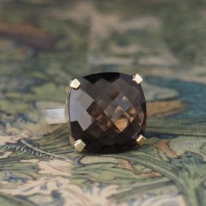 Hazel - 9YG Chequerboard Cut Smokey Quartz Double 4 Claw Solitaire Dress Ring Size M