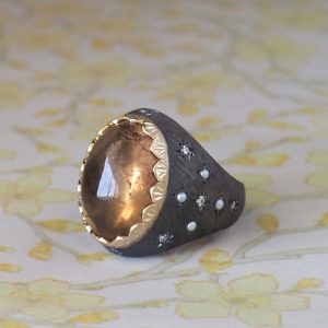Vittoria - 9YG & STG 14.42ct Golden Tourmaline Cabochon Solitaire Signet Style Ring with Pearl and Diamond Details Size R