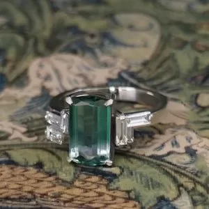Lalique - PLT 3.34ct Teal Variegated Tourmaline Multistone Ring with .71ct TDW Asymmetric Set Baguette Diamonds Size Q