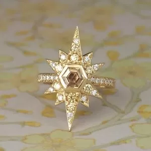 Astra - 9YG Golden Hexagonal Sapphire Multistone Ring with .312ct TDW Golden Diamonds & .20ct TDW White Diamonds Size N 1/2