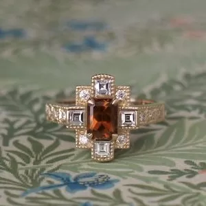 Lucille - 9YG 1.38ct Cognac Radiant Cut Zircon Cluster Ring with .575ct TDW Carre & Round Diamonds Size M