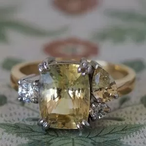 Capella - PLT & 18YG 3.58ct Pale Yellow Radiant Sapphire Multistone Ring with .38ct Asscher Cut Diamonds & .14ct Round Diamonds Size P
