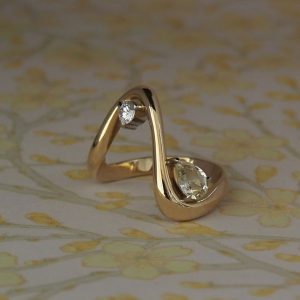 Ana - 18YG & PLT .85ct Yellow Pear Sapphire Undulating Multistone Ring with .20ct E VVSi Diamond