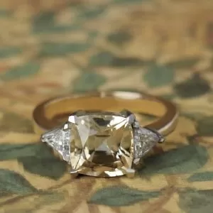 Hermes - 9YG & PLT 4.04ct Yellow Cushion Zircon Claw Set Three Stone Ring with .387ct TDW Trilliant Diamonds Size M
