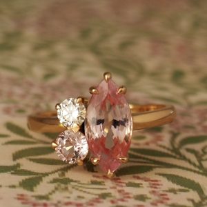Aphrodite - 18RG 2.53ct  Certified Peach Marquise Sapphire Asymmetric Multistone Ring with .37ct Brilliant Pink Sapphire & .18ct D-F VS Brilliant Diamond Size M