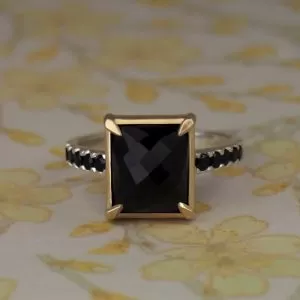 Onix - 9YG & STG 7.53ct Black Chequerboard Onyx Multistone Ring with Claw Set Spinel Band