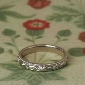 Elise - PLT 3.3mm Low 1/2 Round Band with Fine Hand Engraved Floral Pattern & .06ct TDW Grain Set Diamonds Size O